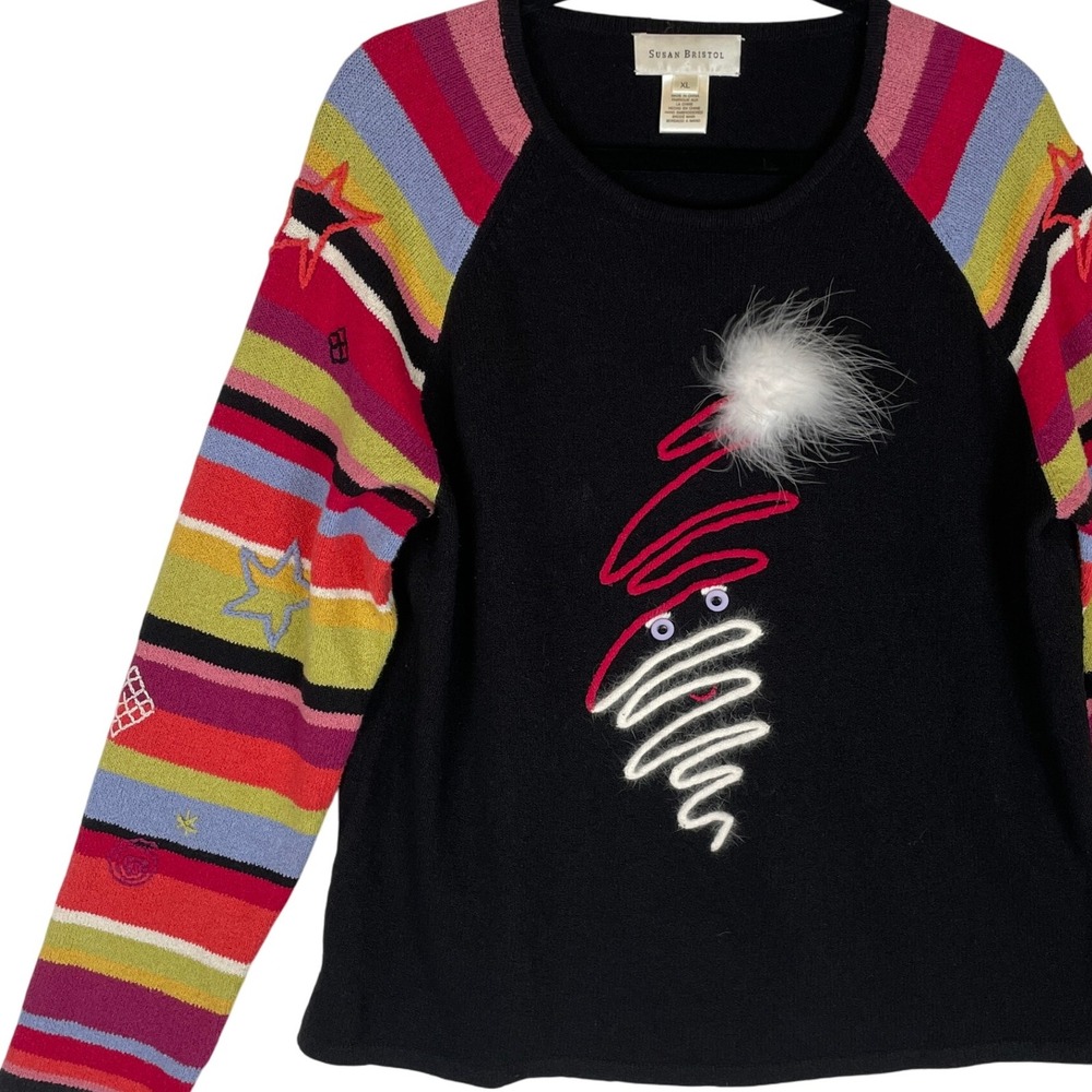 Susan‎ Bristol Women's XL Black Striped Sleeve Christmas Tree Sweater